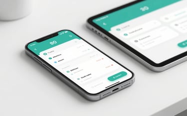 A sleek smartphone and tablet on a clean white desk, displaying a streamlined billing app with modern UI elements and data visualizations. The lighting is bright and airy, using a palette of #2D545E and #ADC8CD to convey reliability and trust.