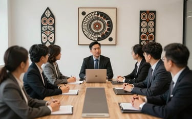 A clean, modern corporate boardroom setting with a diverse group of professionals engaged in a strategic meeting. The room is decorated with sophisticated Indigenous artwork on the walls. The lighting is soft and professional. Colors emphasize a reliable and forward-thinking mood using blacks (#1A1A1A) and cream accents (#EAE0D0).