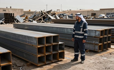 A wide-angle professional photograph of a clean, organized industrial scrap yard in Dammam, Saudi Arabia. In the scene, a professional supervisor in a modern Middle Eastern / Gulf industrial safety uniform stands beside a neatly stacked pile of processed steel. The lighting is sharp and clear, reflecting a technologically advanced mood with tones of deep navy and steel grey.