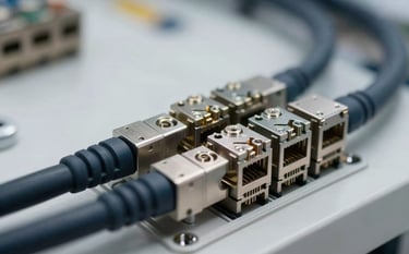 A professional close-up photograph of high-grade industrial network infrastructure cables and polished metallic components arranged precisely. The setting is a clean, modern facility in a Middle Eastern / Gulf region. Lighting is soft and professional, emphasizing strength and precision with deep navy and steel grey colors.