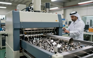 Photography of a high-tech metal recycling plant interior. Precision sorting machines process metallic components under clean, bright lights. A specialized engineer in a Middle Eastern / Gulf industrial environment is visible in the background. The aesthetic is modern and efficient with slate blue and soft off-white highlights.