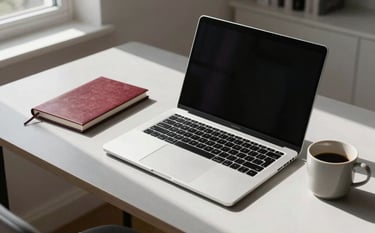A high-angle shot of a minimalist workspace in a British / UK home office. A sleek silver laptop sits on a light grey desk next to a deep red notebook and a ceramic cup. Natural morning light spills through a window, creating soft shadows. The style is modern, professional, and clean.