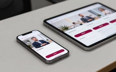 A close-up of a modern professional desk in a British / UK startup hub. A smartphone and a high-end tablet sit on a light grey surface, showing a responsive website layout with deep red call-to-action buttons. Minimalist and energetic photography.