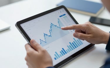 A close-up shot of professional hands reviewing financial charts on a digital tablet. The scene is sophisticated and precise, featuring a clean desk environment with hints of #3C6B94 and #1A2E44 colors in the accessories.