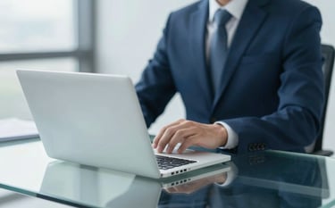 A high-end, modern office setting with a glass desk and a sleek laptop. In the background, a professional accountant in a navy suit is partially visible, reflecting a professional and trustworthy atmosphere. The lighting is bright and clean, incorporating tones of #8DAACB and #F5F8FA.