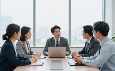 A group of professionals in business attire having a meeting in a bright, modern conference room with large windows. The mood is collaborative and forward-thinking, using a palette of #F5F8FA and #8DAACB.
