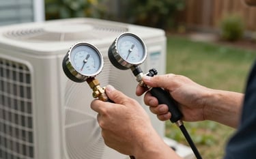 Close-up of a technician's hands using professional pressure gauges on an outdoor air conditioning condenser unit in a suburban North American backyard.