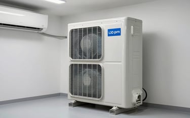 A brand new, high-efficiency air conditioning handler unit being installed in a clean, modern utility room of a North American home, bright clinical lighting.