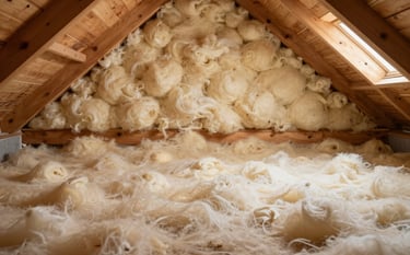 A wide-angle, clean photography of a residential attic with a thick, uniform layer of fresh pale mist fiberglass insulation. Wooden rafters are visible under soft, warm lighting, creating a sense of a cozy and well-protected home.