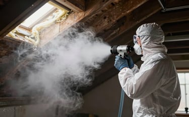 A professional technician in a white protective suit blowing premium pale mist colored fiberglass insulation into a dark attic using a professional hose. The lighting is bright and focused on the fluffy insulation texture, conveying efficiency and comfort.