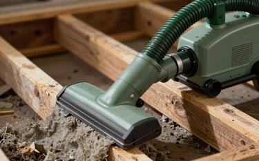 A clean, professional close-up of an industrial vacuum hose removing old, gray insulation from between attic joists. The muted sage green and deep forest green tones highlight the professional nature of the specialized equipment.