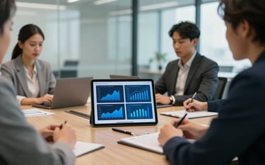 A professional photograph of a digital marketing team meeting in a bright, glass-walled conference room in a US tech hub. On the table, a tablet displays sophisticated charts in shades of navy and medium blue. The focus is on the technology and the professional, results-oriented atmosphere.