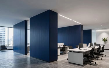 A sophisticated wide-angle photograph of a modern tech office in a North American city. The scene features minimalist architecture, sleek navy blue accent walls, and soft blue lighting. The atmosphere conveys data-driven expertise and forward-thinking engineering.