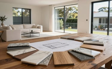 A wide-angle interior photograph of a light-filled Sydney apartment undergoing a professional renovation. Architectural blueprints and high-quality material samples like marble and oak are neatly arranged on a solid brown timber table. The background shows a clean, off-white living space with large windows overlooking a leafy Australian residential area.