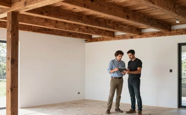 A professional photograph of a bright, modern Australian home renovation project. A project manager in smart-casual attire reviews progress on a digital tablet in a clean construction environment featuring high-quality brown timber beams and fresh off-white painted walls.