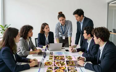 A North American / Western European agency team in a bright, modern office space with crisp parchment walls. They are collaborating around a large table, looking at social media analytics and vibrant food market mood boards. Professional and down-to-earth vibe.
