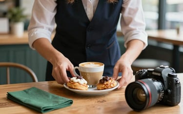 A close-up photograph of a professional social media manager in a North American / Western European cafe, carefully arranging a plate of artisanal pastries and a latte to take a photo. Warm natural light, matte forest green napkin accents, professional DSLR camera visible on the wooden table.