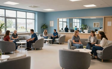 A wide-angle photograph of a modern, brightly lit communal living area in a Central European / German specialized care facility. The furniture is ergonomic yet stylish, with muted blue walls and large windows, reflecting a sense of safety, community, and expert support.
