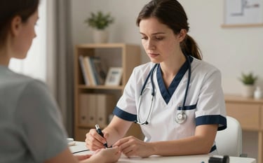 A professional nursing expert in a clean uniform with deep navy accents, focused on checking a patient's vitals with deep empathy in a Central European / German clinical home setting. The lighting is warm and reassuring, emphasizing trust and medical excellence.