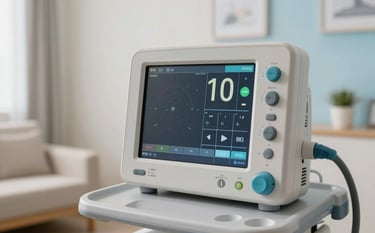 A close-up photograph of a high-tech medical ventilator monitor with clear digital displays, set in a peaceful and clean Central European / German home environment. The lighting is soft and natural, with off-white and light blue tones in the room background to convey professionalism and calm.