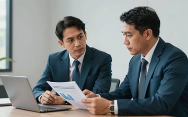 A collaborative meeting between two Southeast Asian / Indonesian business professionals in a clean, modern workspace. The scene includes Deep Teal decor and Light Grey walls. They are discussing a financial report with a serious yet confident expression. High-end corporate photography.