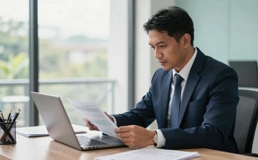 A professional Southeast Asian / Indonesian accountant sitting in a modern, sunlit office with Dark Navy and Soft Teal accents. They are focused on a laptop screen while reviewing tax documents. The atmosphere is professional and trustworthy, captured in high-quality photography.