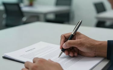 A close-up photograph of a Southeast Asian / Indonesian professional's hands signing official documents with a premium pen. The background features a blurred modern office in Light Grey and Deep Teal tones. The lighting is soft and professional.