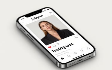 A sleek, premium smartphone display showing a high-performance Instagram ad layout for a luxury brand, using silver and white accents. Minimalist studio lighting on an off-white (#F5F5F5) background.