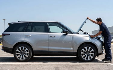 A side view of a modern luxury SUV in a North American corporate parking lot. Two technicians are carefully lowering a brand new, clear OEM windshield into place using professional suction handles. The scene is bright and professional, conveying reliability and high-standard craftsmanship under a clear blue sky.