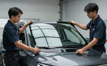 Two professional technicians carefully lifting a brand new, clear windshield into place on a modern SUV. The setting is a clean garage in the US, professional lighting, reflecting a mood of efficiency and modern trust with dark navy tones.