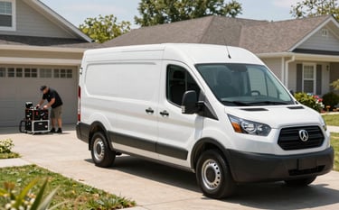 A branded white mobile service van parked in a bright, sunny North American suburban driveway. A technician is seen in the background preparing equipment, conveying convenience and cutting-edge professional service.