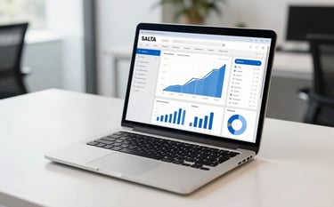 A high-end professional laptop on a minimalist desk in a modern corporate office in Salta, Argentina. The screen shows a professional dashboard with rising sales charts and lead metrics. The lighting is bright and natural, reflecting a workspace of authority and efficiency, featuring white and navy blue tones.
