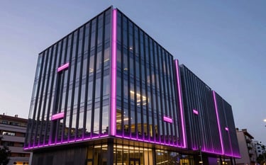 Cinematic wide-angle photography of a contemporary office building facade in an Iberian city during twilight. The architecture features sleek lines and glass panels with soft fuchsia and deep purple neon illumination tracing the structure. High-end real estate and property management vibe.