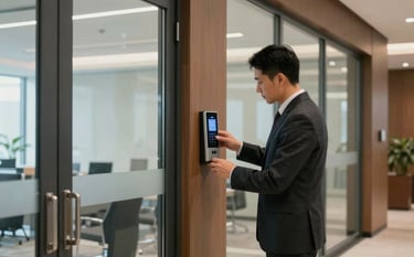 Interior photography of a sleek North American / US office lobby. A locksmith is expertly servicing a commercial-grade electronic access control panel on a glass entry door. Clean, modern, and professional atmosphere.