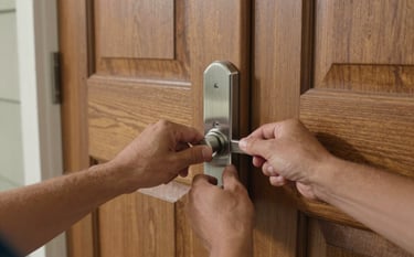 A close-up photograph of a professional locksmith's hands installing a high-quality brushed nickel deadbolt on a modern wooden front door in a North American / US residential neighborhood. Soft natural afternoon lighting, clean and professional look.