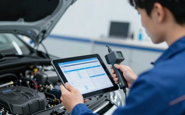 A mechanic using a modern digital tablet scanner to diagnose a car's computer system. The car is high-end, and the focus is on the screen showing technical data. The background is a clean, professional workshop. Lighting is modern and tech-focused with blue hues (#4A6577) and crisp white accents (#F0F4F7). Professionalism and reliability are the core themes.