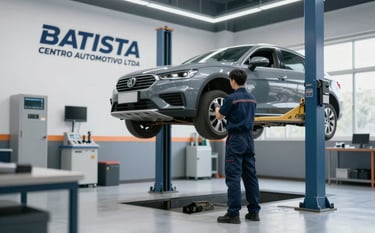 A clean, modern automotive repair bay at BATISTA CENTRO AUTOMOTIVO LTDA. A professional mechanic in a dark blue uniform is performing a routine check on a car lifted on a hydraulic jack. The environment is bright and organized with high-tech equipment. Lighting is crisp and natural. Brand colors #222E3C and #F0F4F7 are subtly present in the workshop floors and walls.