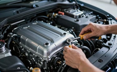 A detailed, high-contrast close-up of a modern car engine being serviced. Mechanic's hands using professional tools to adjust complex components. The lighting is cinematic, highlighting the precision and cleanliness of the work. Touches of brand color #B88B4A appear in tool handles, while the engine block reflects the modern #4A6577 steel blue environment.