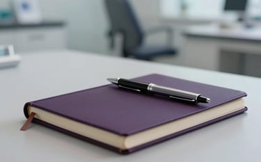 A close-up photograph of an organized, minimalist workspace in a US clinical setting. A beautiful deep purple notebook and a high-end pen rest on a soft light gray surface. In the background, a soft-focus view of a modern medical consultation room.