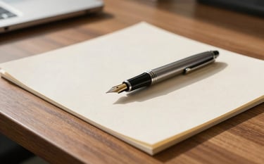 Close-up of a professional desk in a modern Brazilian office. A fountain pen rests on a thick cream-colored paper report. Soft natural sunlight illuminates the wood grain, suggesting strategic planning and depth of knowledge. Elegant, institutional style.