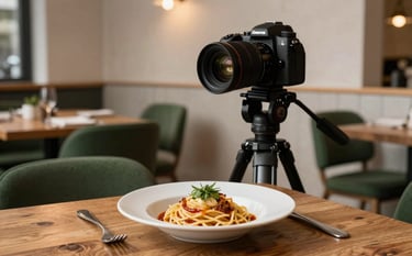 A professional photography shot of a cozy Northern European / Scandinavian restaurant interior. In the foreground, a high-end camera on a tripod is focused on a beautifully plated artisanal pasta dish on a rustic wood table. The background shows soft matte forest green chairs and crisp parchment walls under warm evening light.