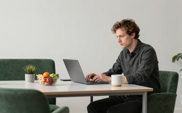 A photography shot of a modern Northern European / Scandinavian office. A digital marketer is working on a laptop surrounded by fresh organic snacks and a ceramic mug. The setting is clean and minimalist with crisp parchment walls and matte forest green furniture accents.