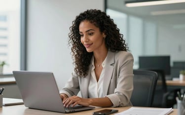 A professional South American Brazilian woman in a bright, modern office in São Paulo, looking confidently at a laptop screen with a slight smile. The scene is illuminated by natural soft daylight, featuring a clean aesthetic with light gray and muted blue accents in the background.