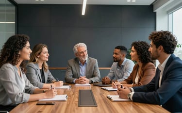 A diverse group of South American Brazilian professionals sitting around a sleek wooden table in a boardroom. They are looking at a presentation with expressions of optimism and focus. Modern architecture, dark navy and light gray tones, professional photography.