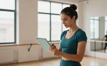 A professional dance instructor in a modern Spanish / Latin American dance studio setting, using a tablet with a sleek light aqua interface to check a list, soft natural lighting from large windows, soft off-white walls, wearing professional deep teal athletic attire, clean and organized composition.