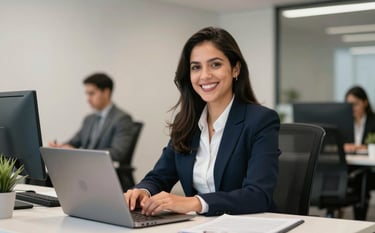 A smiling dance academy administrator in a modern Spanish / Latin American office environment, sitting at a desk with a laptop, soft off-white and dark navy decor, professional and efficient atmosphere, bright and clean photography.