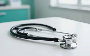 A high-quality, professional photograph of a stethoscope resting on a clean white table in a modern South African clinic. The background features soft Sea Green and Forest Green accents with bright, natural lighting, conveying a sterile but welcoming medical environment.