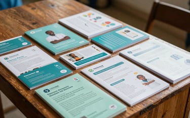 A group of health pamphlets and educational materials neatly arranged on a wooden desk in a South African community center. Muted Cerulean and Soft Mint White colors dominate the scene, suggesting a helpful and informative community health hub.