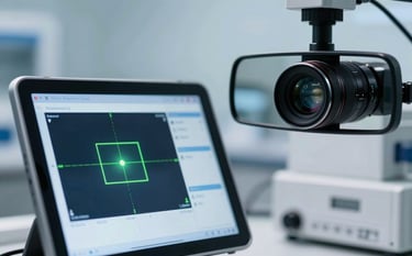 A close-up of a digital tablet screen showing sensor alignment data next to a car's rearview mirror camera, high-tech diagnostic equipment, soft blue and white colors, professional North American lab setting.