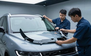 Two certified technicians in clean uniforms precisely installing a large OEM windshield on a luxury SUV, modern high-tech garage in North America, cool steel blue tones and soft white lighting.